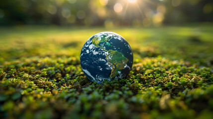 A detailed Earth globe rests on lush green foliage, illuminated by warm sunlight, representing global environmental harmony and nature's beauty