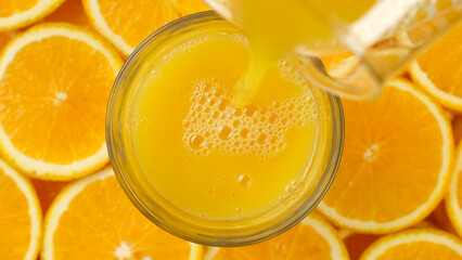 Pouring orange juice in glass, top view
