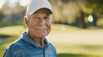 Portrait of smiling male golfer standing on golf course and looking at camera