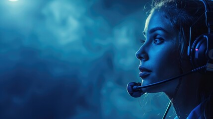 Fototapeta premium Woman wearing headset under blue lights