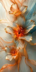 Three flowers with translucent petals in shades of orange and blue, highlighted with golden accents, and intricate details against a soft, ethereal background.