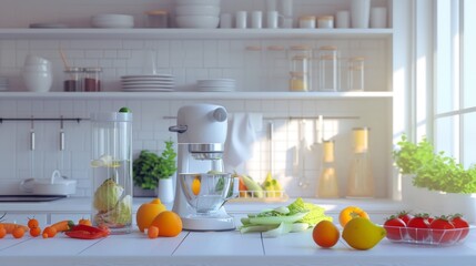 A photograph of a culinary assistant controlled by a neural network in the process of slicing vegetables against the backdrop of a bright, minimalist kitchen space. ::3 sketch drawing ::3 --no text -