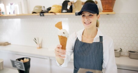 Woman, ice cream and customer service with food, gelato and smile with giving dessert at...