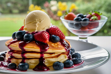 Pancakes with fresh berries and ice cream. Summer garden background. 