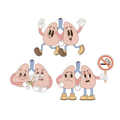 Retro groovy funny cartoon Lungs clip art set. Human organ anatomy medical illustration.