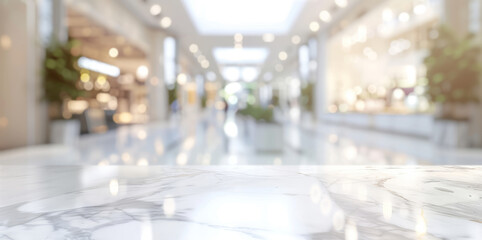 Empty marble table top in shopping mall. White marble countertop with blurred background of shopping mall, perfect for product display, banner, and mock up design.