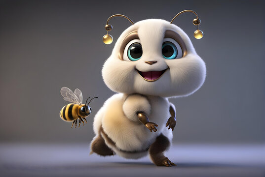 A 3D animated cartoon render of a smiling cartoon Cute honey bee cartoon character 3D Rendered on Silver background.