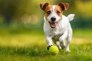 Happy dog running with tennis ball in grass