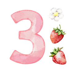 Watercolor pink number 3 with strawberry and flowers