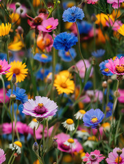 A vibrant mix of wildflowers in a colorful field with purple, yellow, and pink blossoms. Perfect for nature, floral, and summer themes.
