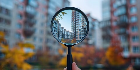 Searching for a new home near residential building using a magnifying glass. Concept Real Estate, Home Search, Residential Buildings, House Hunting, Magnifying Glass