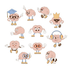 Retro groovy funny cartoon brain clip art set. Human organ anatomy medical illustration.
