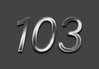 Chrome metal 3D number design of 103 on grey background.