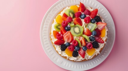 fruit cake on white plate isolated on pinkbackground