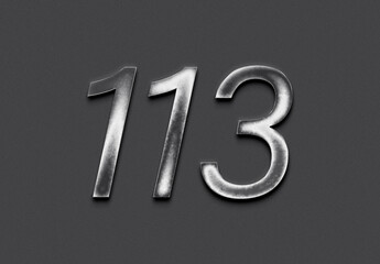 Chrome metal 3D number design of 113 on grey background.
