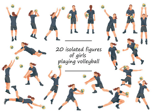 20 women's volleyball team players in black T-shirts in various poses training, running, jumping, throwing, hitting the ball