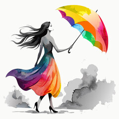 Fashion woman model with colorful umbrella in the style of a watercolor drawing. © TRTASFIQ