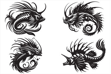 Triton fish silhouette vector illustration set 