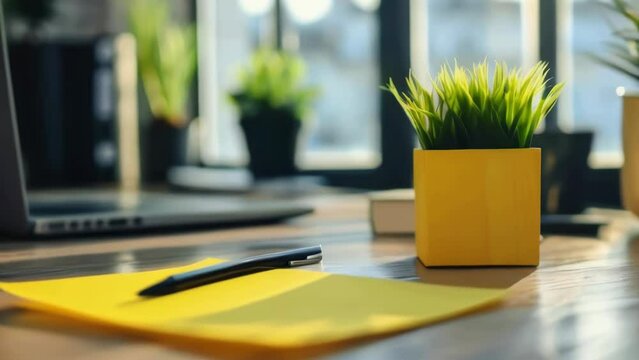 Yellow box with plant in it sits on desk next to pen