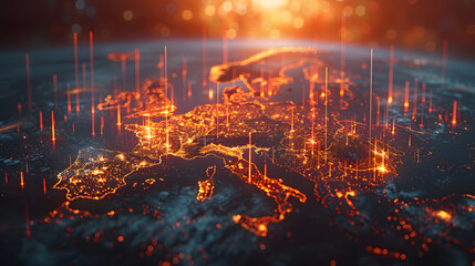 Fototapeta premium A digital map of Europe illuminated with glowing data points, representing a high-tech visualization of connectivity and data flow