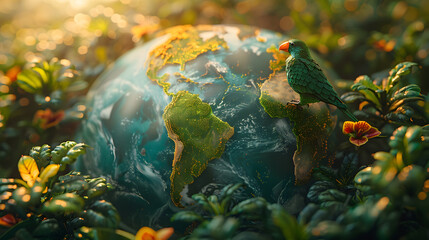 A vibrant green parrot sits on a globe, surrounded by lush vegetation and warm sunlight, symbolizing nature and global unity