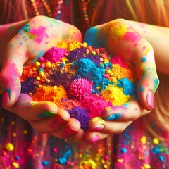Obraz premium Colorful holi powder in the hands of a girl. Indian festival Holi, Colorful holi powder in hands. Indian festival Holi background,