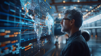 Side view of a man analyzing intricate global data on a large digital screen in a modern tech environment