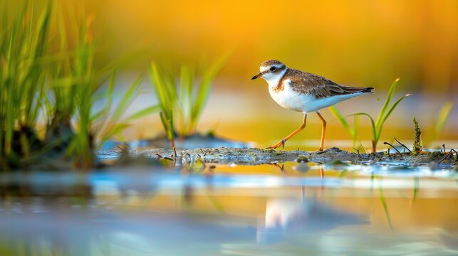 A plover with partially webbed feet strolling in the marshy wetlands of Blackwater National Wildlife Refuge located in Dorchester County Maryland