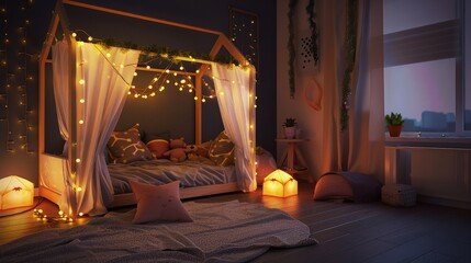 Kids bedroom in dark colors. Cozy kids room interior, scandinavian nordic design with light garlands and soft pillows, tent canopy bed. Children room in evening with lights on.
