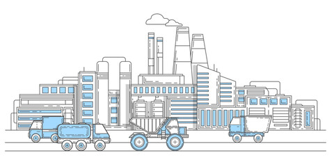 Industrial complex with pipes. Construction vehicles, trucks and machines. City factory. Buildings architecture. Vector illustration.