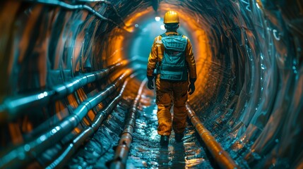 A worker wearing a hard hat and backpack is shown walking through a blue-lit industrial tunnel