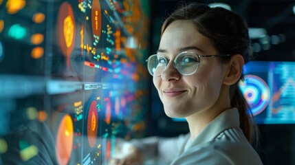 Female data analyst in a corporate office, smiling at the camera while surrounded by data visualizations