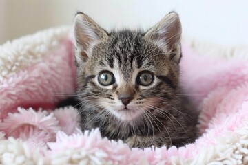 Adorable Tabby Kitten Resting on Pink Blanket