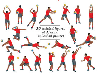 African volleyball team players in red T-shirts in various poses training, running, jumping, throwing, hitting the ball