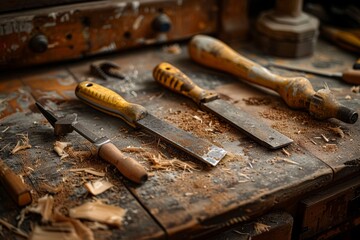 Close Up of Tools on a Workshop Table