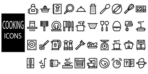 Cooking 40 icon set. contain chef hat, oven, Hand holding food tray, Pot, Frying pan and Kitchen utensils. Cooking recipe book and more, Vector illustration