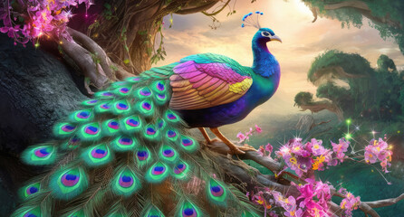 3D render is surreal, with the peacock phoenix illuminating the scene with its radiant feathers.