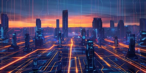 Cityscape made of glowing circuit lines, with skyscrapers and streets connecting to the network