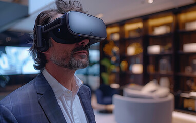 Man engaging with virtual reality headset. Generative AI