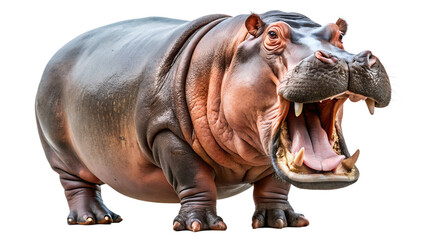 a large hippopotamus standing against a plain, light background. Its mouth is wide open, revealing large teeth and the pink interior
