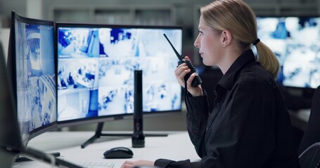 Watch, security and woman with radio, cctv and monitor for danger, talking and control room for...