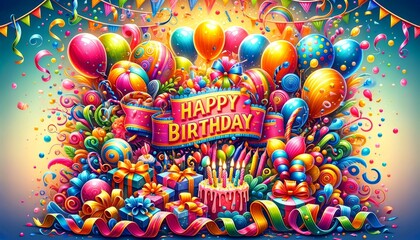 colorful and vibrant digital illustration of happy birthday celebration, featuring balloons, confetti, gifts, and a birthday cake with candles.