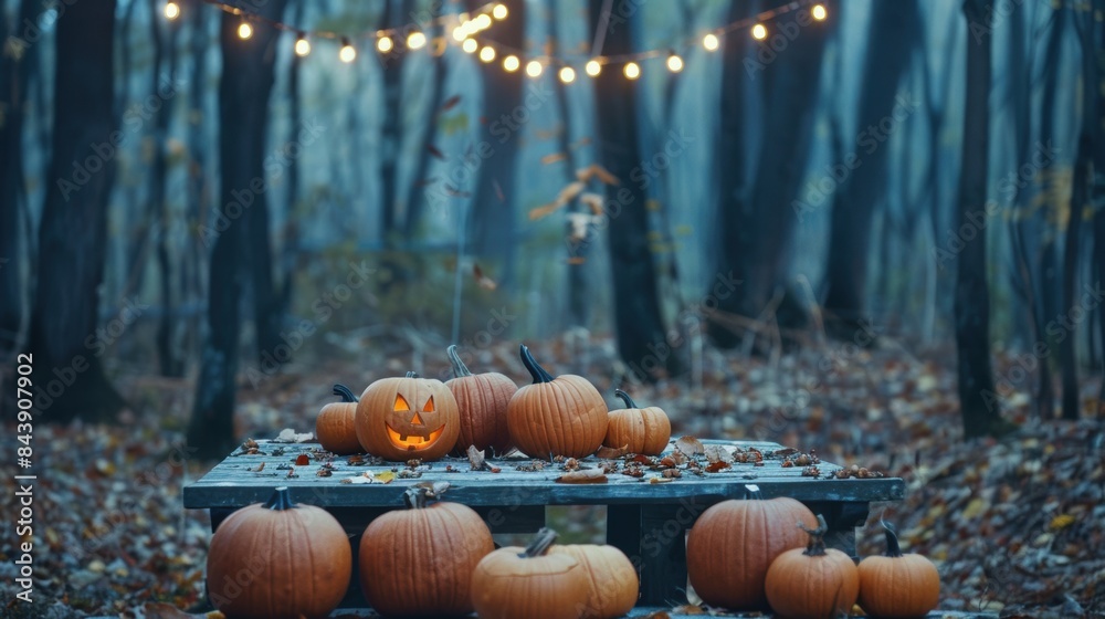 Wall mural pumpkins in forest with fairy lights