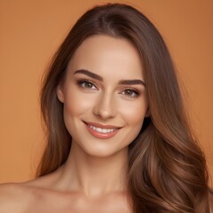 Obraz premium Pretty european beauty woman long hair with makeup glowing face and healthy facial skin portrait smile on isolated light orange background
