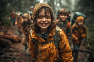 Excited Kids Arrive at Camp Entrance
