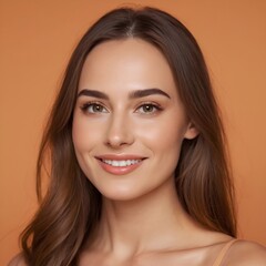 Obraz premium Pretty european beauty woman long hair with makeup glowing face and healthy facial skin portrait smile on isolated light orange background