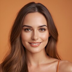 Fototapeta premium Pretty european beauty woman long hair with makeup glowing face and healthy facial skin portrait smile on isolated light orange background
