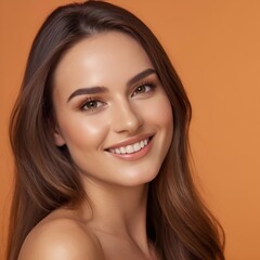 Fototapeta premium Pretty european beauty woman long hair with makeup glowing face and healthy facial skin portrait smile on isolated light orange background