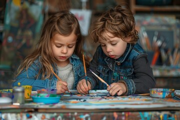 Fototapeta premium Kids Painting Together in Art Studio