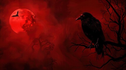 Creepy Raven with Red Moon